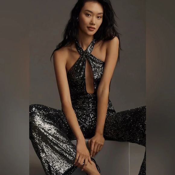 NWT Anthropologie Maeve Sequin Cut-Out Halter Wide-Leg Jumpsuit 6 - Picture 2 of 6